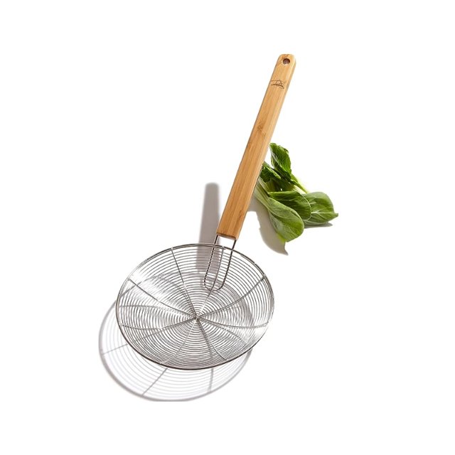 Colador de cocina, filtro de acero inoxidable, mano de madera