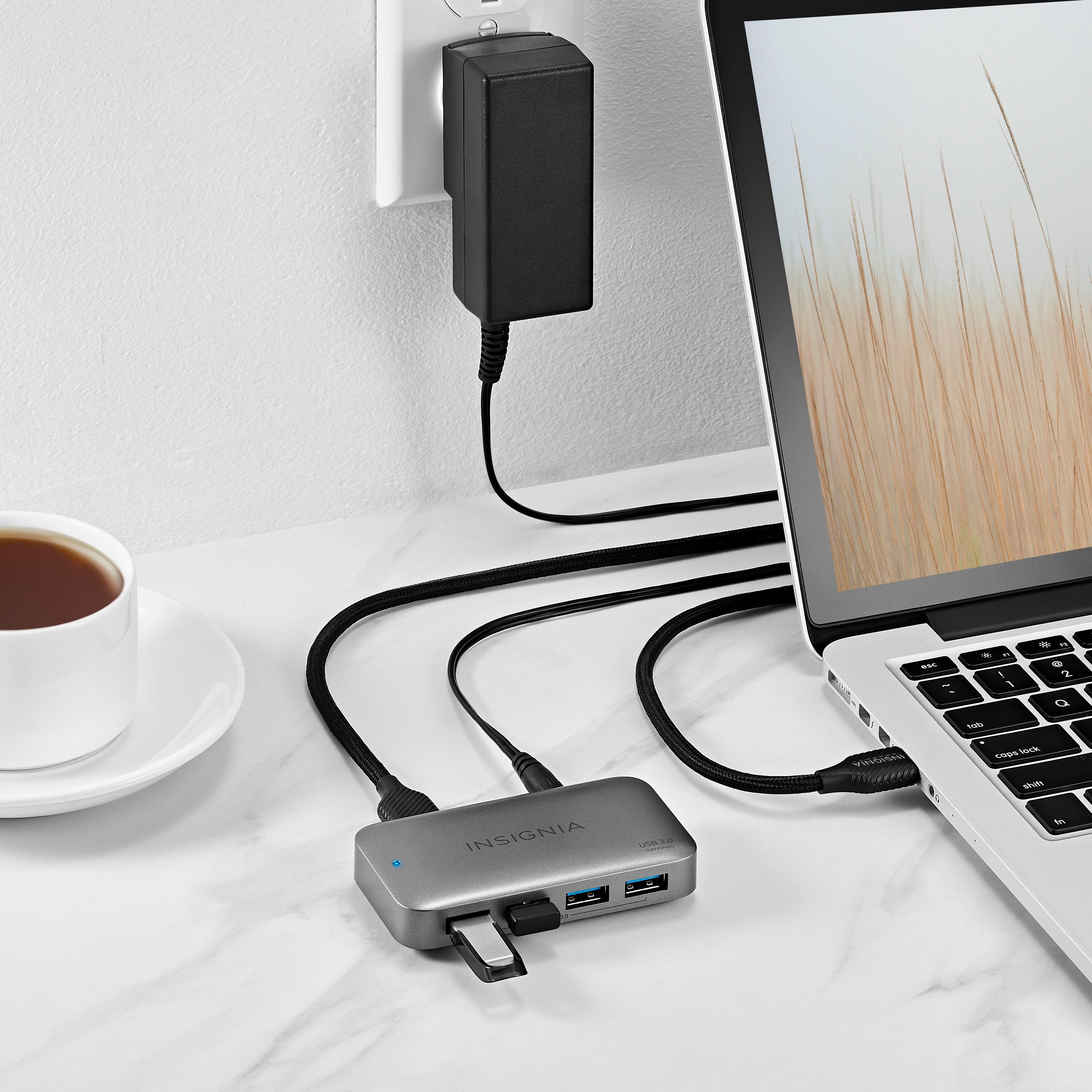 Insignia 4-Port USB 3.0 Hub with 5ft. Cable Power Supply, USB Splitter Expander for Laptop, Xbox, Flash Drive, HDD, Console, Printer, Camera, Keyborad, Mouse, MacBook, Surface, PC, Silver Grey