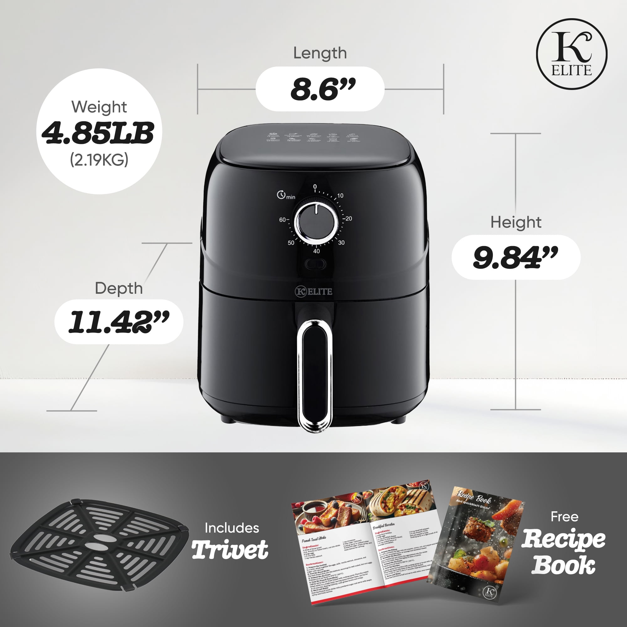 Kitchen Elite 2.5 Qt. Compact Mechanical Air Fryer, 30 Min Timer, Countertop Cooker, Black