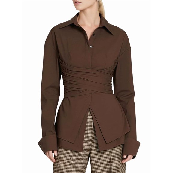 Women Fitted Button Down Shirt Cinched Waist Tops Long Sleeve Wrap Blouse Stylish Dressy Casual Outfit Brown L