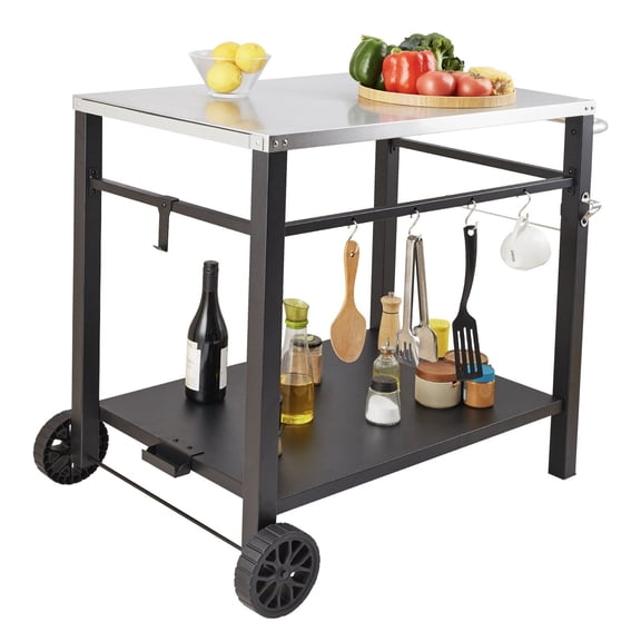Outdoor Grill Dining Cart with Double-Shelf, Portable BBQ Food Prep Table, Stainless Steel Worktable with Wheels for Pizza Oven, Modular Carry Handle