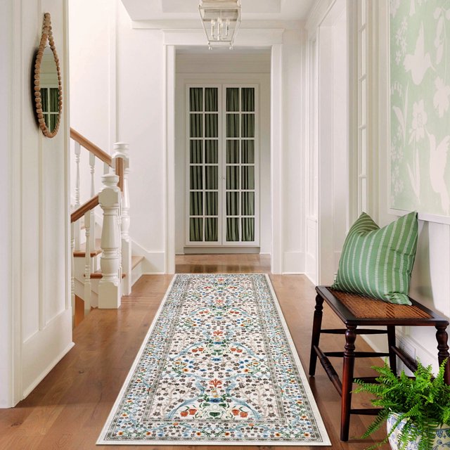 Garvee 2x6 Floral Runner Rug Hallway Rug, Washable Rugs Non Slip Stain Resistant Soft Indoor Printed Rug Carpets, Low Pile Floor Mats for Entryway Laundry Room Bedroom, Beige