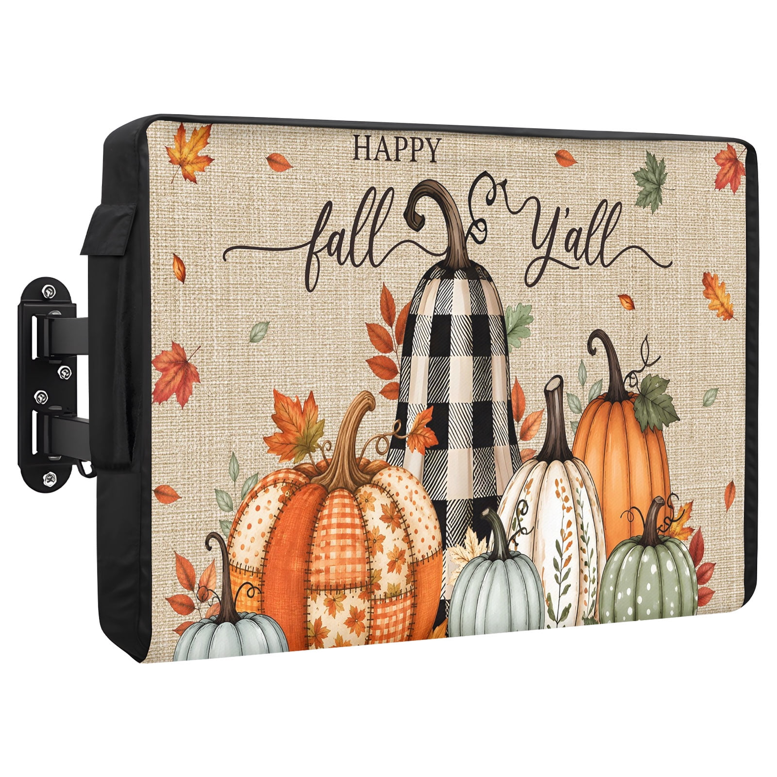 Happy Fall Yall Waterproof Outdoor TV Cover Country Linen Orange Plaid Pumpkins Leaf Floral Outside Weatherproof TV Enclosures for 40 to 43 Inch LCD Television Shield Flat Screen Protectors