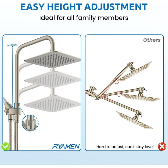 8 Inch Dual Shower Head Combo High Pressure Rainfall with Handheld, 6 Spray Settings Adjustable Height Brushed Nickel