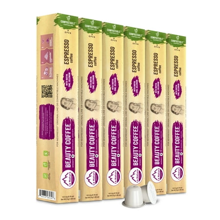 La Natura Beauty Coffee Pods - Nespresso Original Line Compatible - Espresso Roast - Infused with Biotin, Selenium, Zinc for Hair, Skin, and Nails Health- Compostable Packaging - Pack of 60
