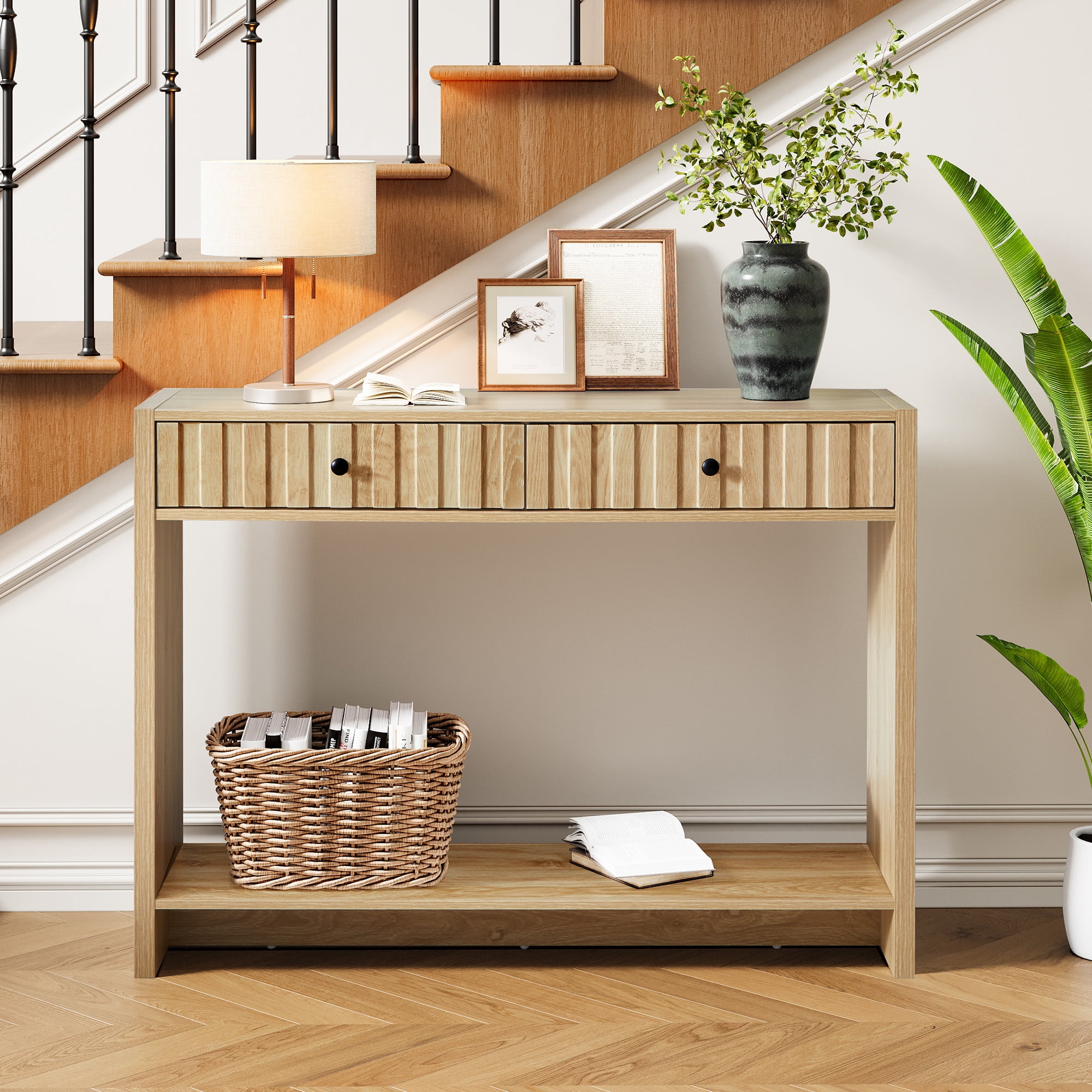PHOYAL Fluted Console Table with Drawer and Open Storage Shelves, Narrow Sofa Table Entryway Table for Living Room Hallway Bedroom, Natural