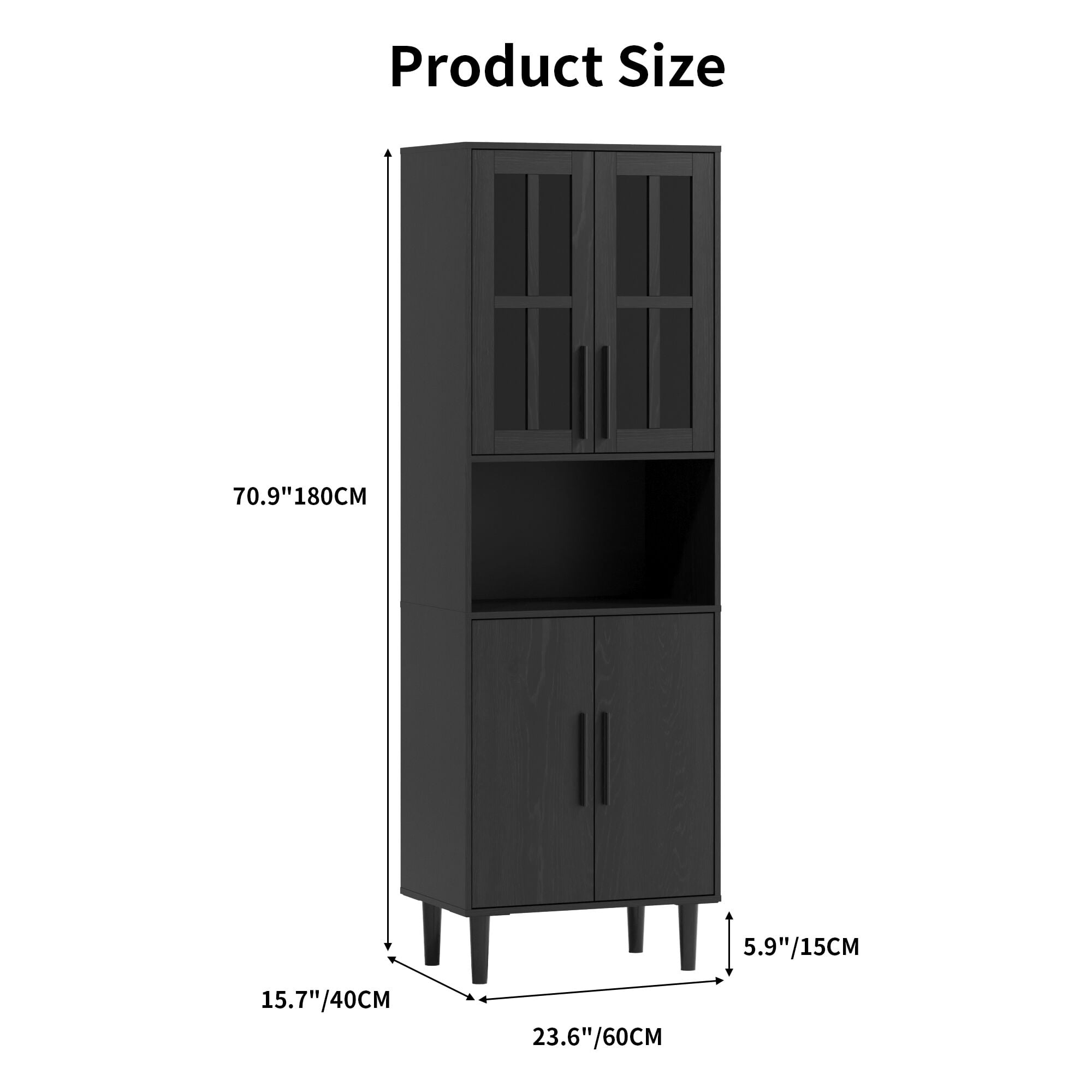 RichYa 71"H Tall Bookcase with Glass Door,4 Doors Display Bookshelf with Metal Legs,5 Tier Storage Cabinets for Living Room,Home Office,Black(C)