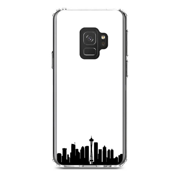 DistinctInk Clear Shockproof Hybrid Case for Samsung Galaxy S9 (5.8" Screen) - TPU Bumper, Acrylic Back, Tempered Glass Screen Protector - Seattle Skyline Silhouette - Seattle