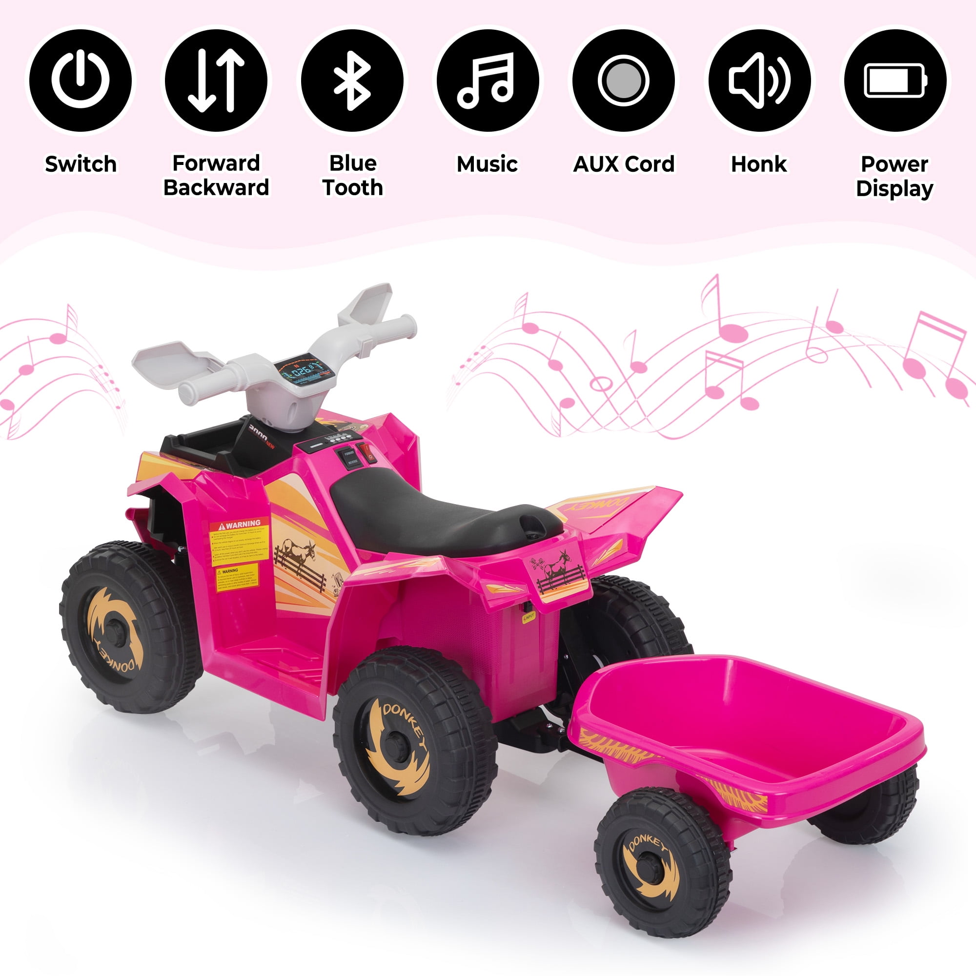 Jaxpety 6V Kids Ride On Toy for Toddler, Kids ATV 4 Wheeler for 1-3 Boys & Girls with Trailer, Music, Bluetooth