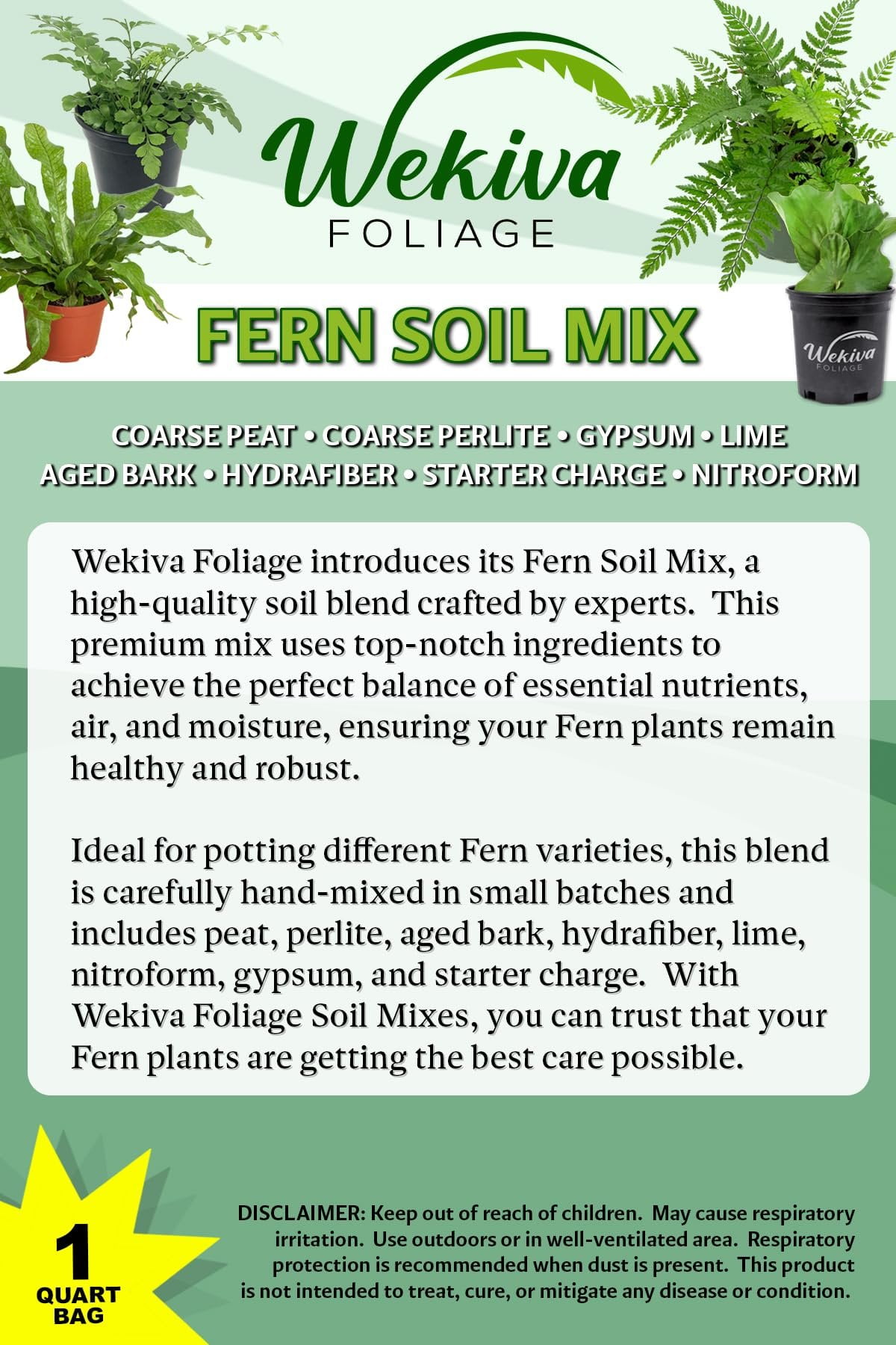 Fern Growing Soil Mix  2 Quarts - Custom Soil Blend  Potting Mix for Fern Plants  Specially Developed by and for Professional Nursery Growers - Nutrient-Rich Formula