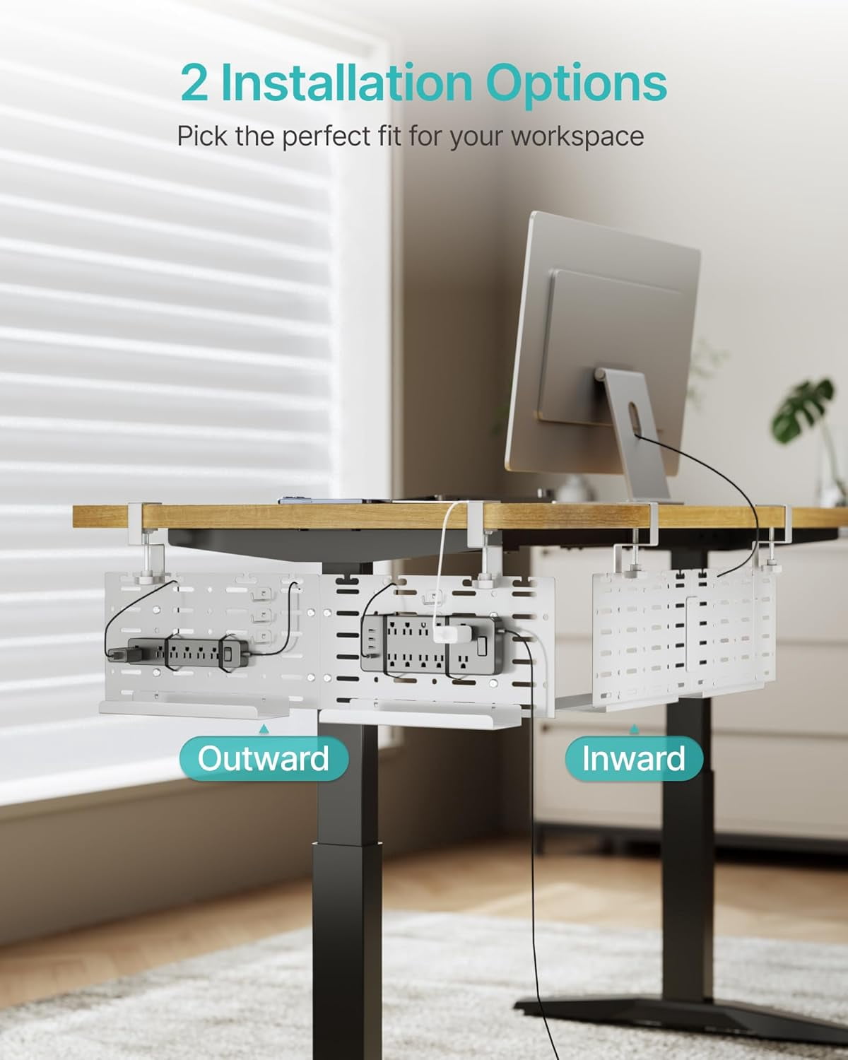 Under Desk Cable Management Tray, 30.2" Vertical Metal Pegboard Organizer for Power Strip, Cables, Clamp-On Cord Organizer Rack with Hooks, Trays & Cable Straps for Home Office, White