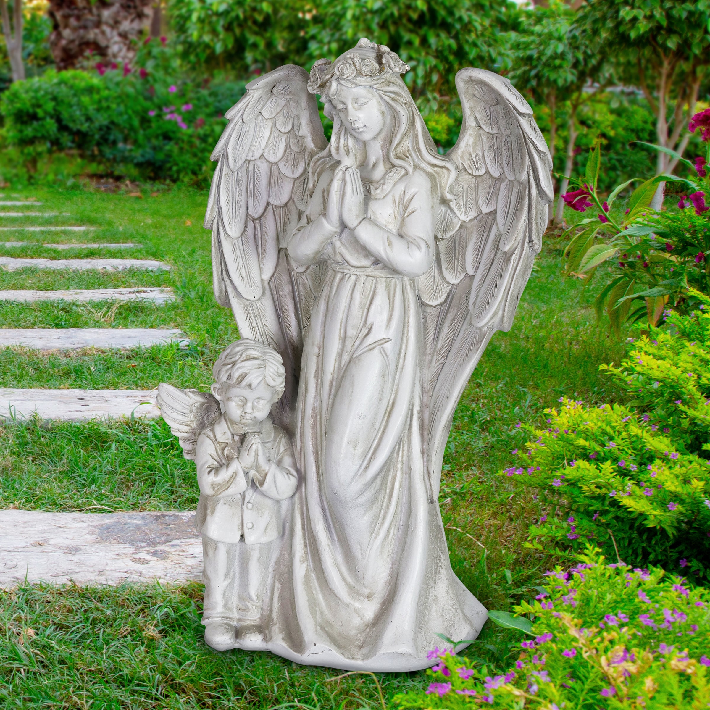 Buy Exhart Angel and Little Boy Angel Resin Garden Statue with LED Halo