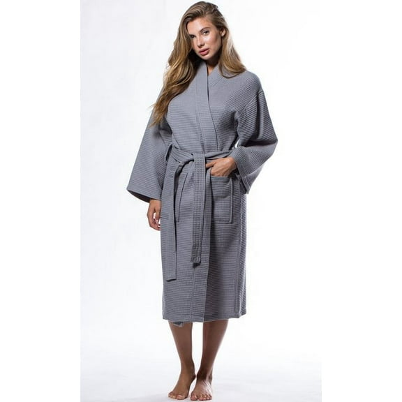 Womens Long Waffle Kimono Lightweight Cotton Robe, Hotel Spa Bathrobe for Women  - Adult - Unisex - Serenity Blue - XXL