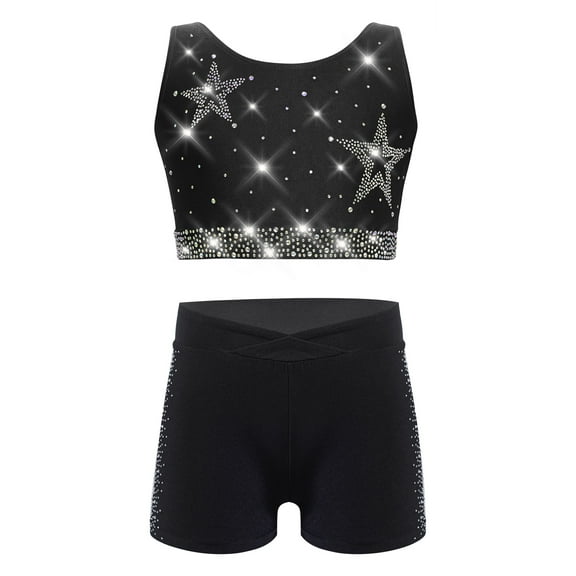 Nyeemya Kids Girls 2Pcs Shiny Rhinestones Dance Outfit Set Crop Top Shorts Set for Sports Yoga Gymnastics Black 14
