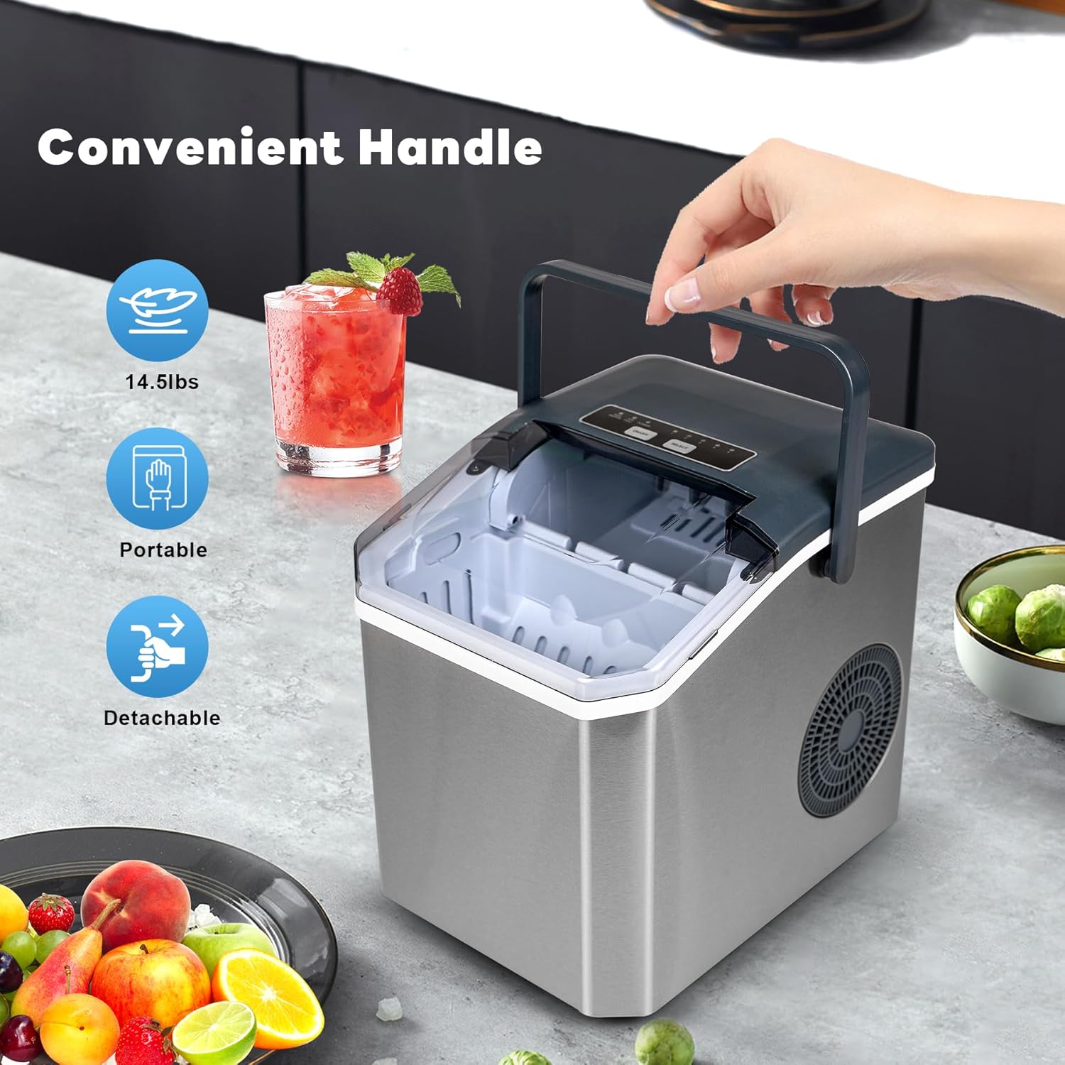 5-Level Selectable Bullet Ice Ice Maker, 26.5lbs Per Day Ice Machine, 9 Ice Cubes Ready in 9 Mins Ice Makers Countertop, Clear Ice Making Countertop Ice Maker for Home and Kitchen