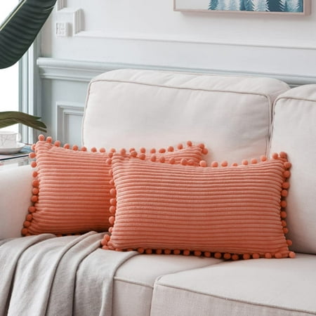 

Fancy Homi Pack of 2 Coral Decorative Throw Pillow Covers 16x16 Inch with Pom-poms for Living Room Couch Bedroom Soft Corduroy Peach Solid Lumbar Cushion Case Rustic Farmhouse Home Decor