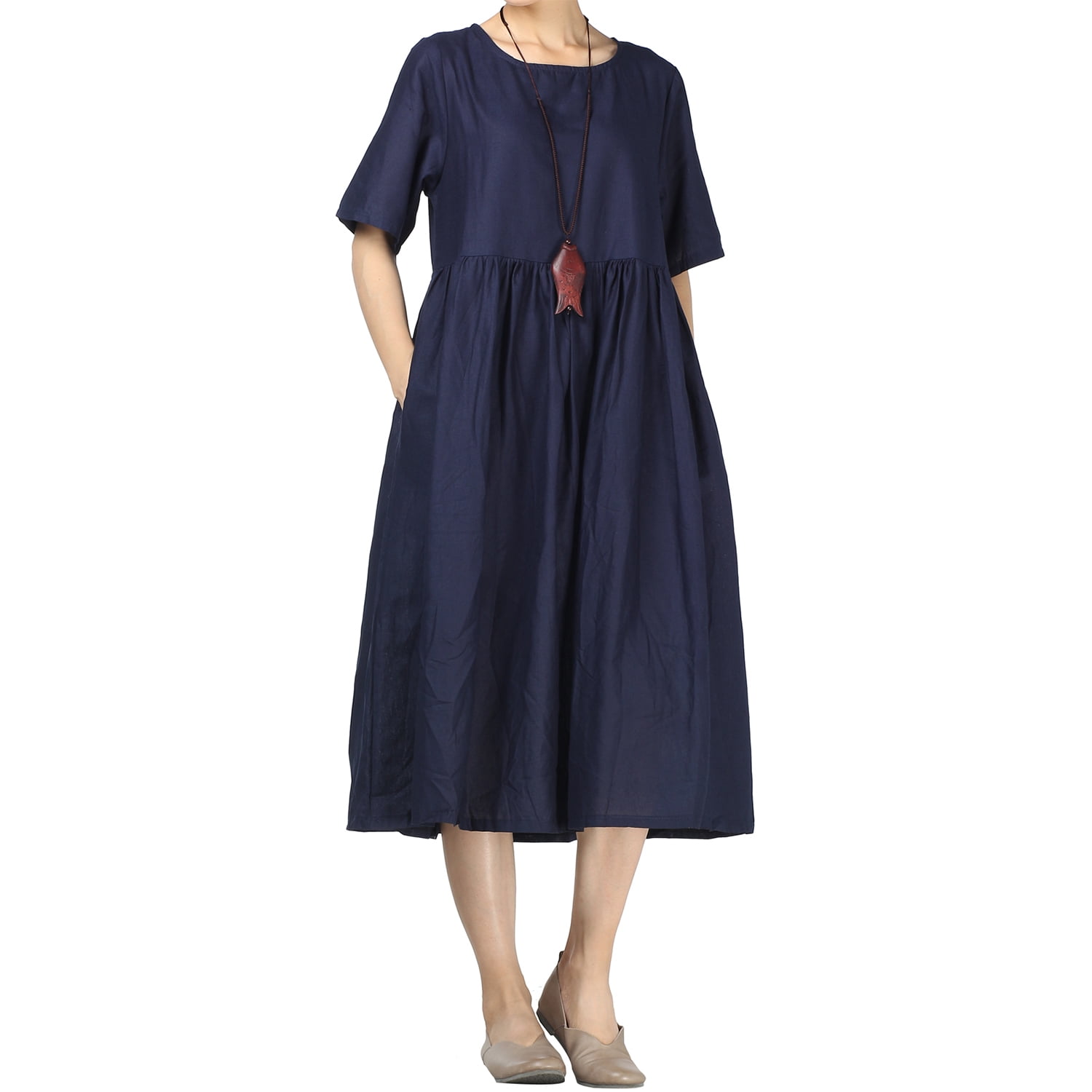 Mordenmiss Women's Cotton Linen Dress Summer Midi Dresses with Pockets