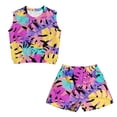 thumbnail image 4 of chaqlin Tropical Color Leaves Girl's 2-Piece Matching Set Sleeveless Round Neck Tank Top and Flare Shorts with Pockets Comfort Summer Outfits Aged 5-14 Years Old, 4 of 7