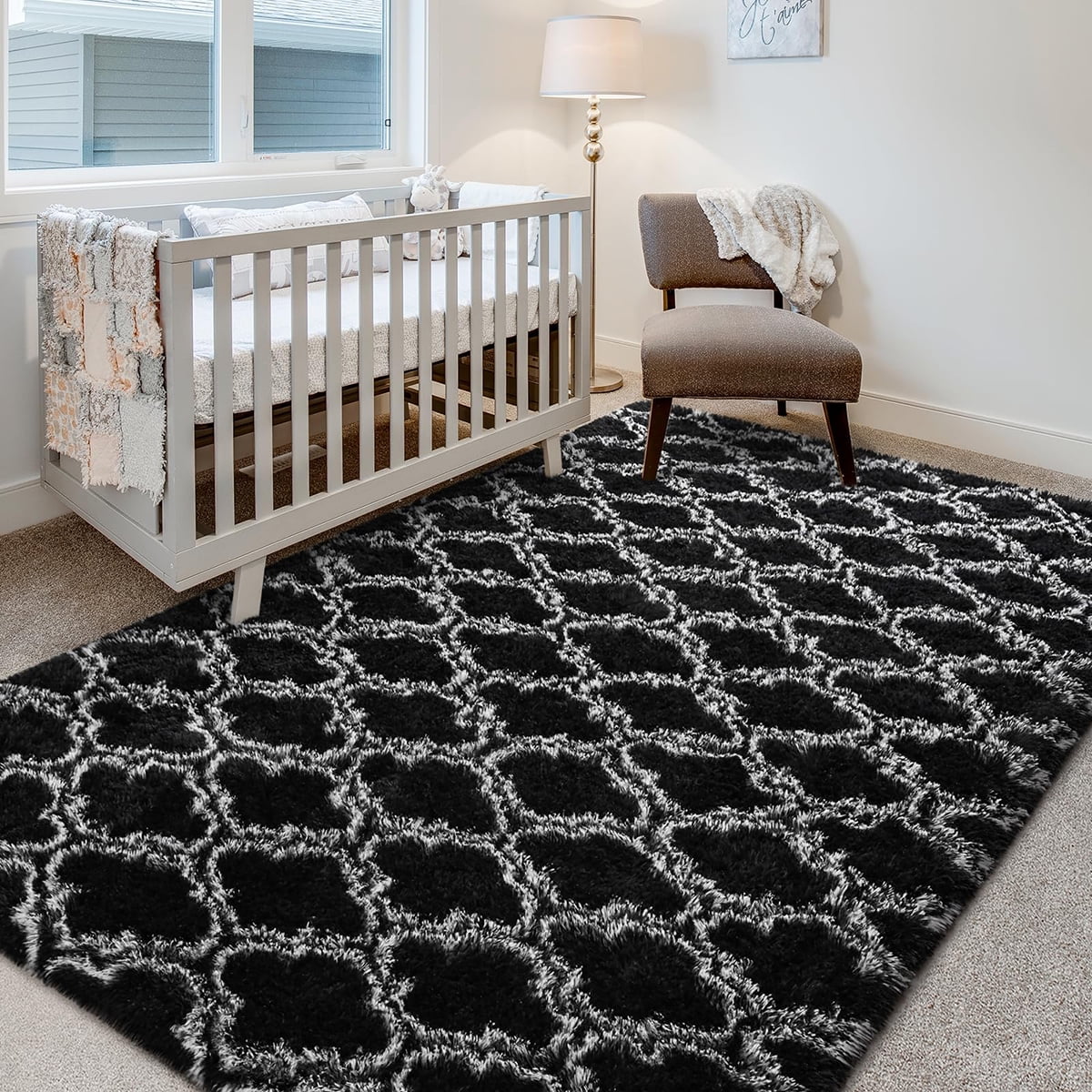 Brochao 5'x8' Geometric Shag Area Rug for Living Room, Diamond Indoor Area Rug, Fluffy Carpet Plush Rug, Soft Home Floor Bedroom Carpet, Black