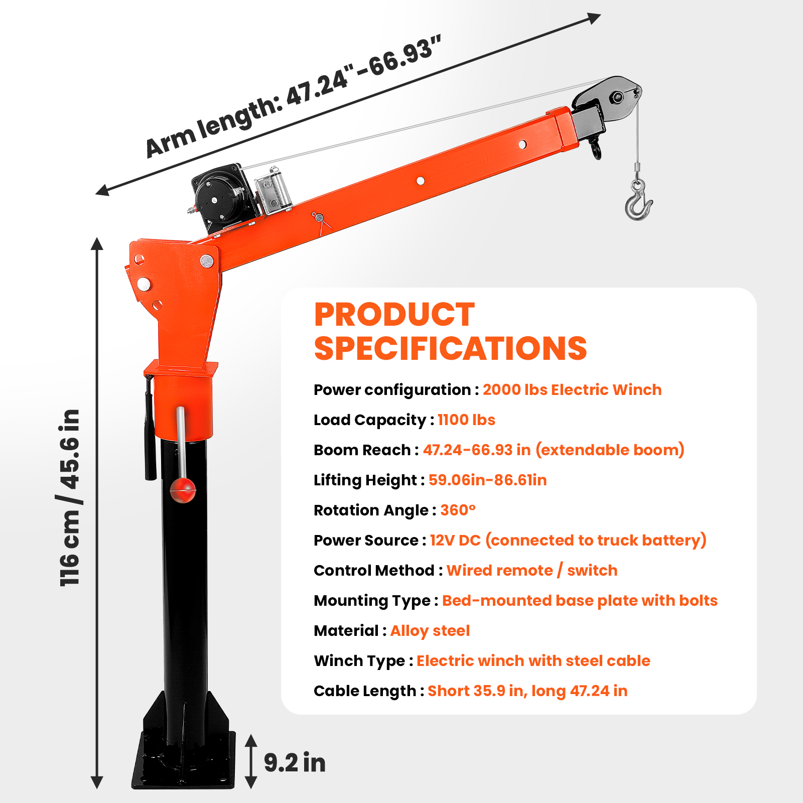 1100lb Pulling Force Folding Dismountable Hoist Truck Crane, Electric Truck Crane with 12V Electric Winch 2000 lb, Rotate Davit Crane for Construction, Warehouse & Site