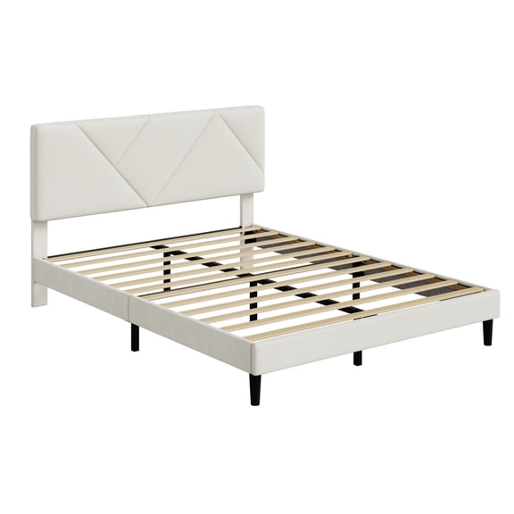 Queen/Full Upholstered Platform Bed Frame with Beige Headboard – Wood Slat Support, No Box Spring Needed, Noise-Free & Easy Assembly