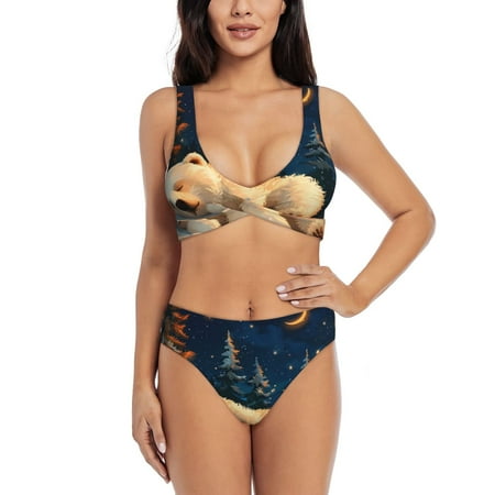 Zeuib Starry Sky Sleep White Bear High Waisted Tummy Control Bikini Set - Knot Front Push Up Top & Cheeky Thong Bottom  Two-Piece Swimsuit for Women-Small