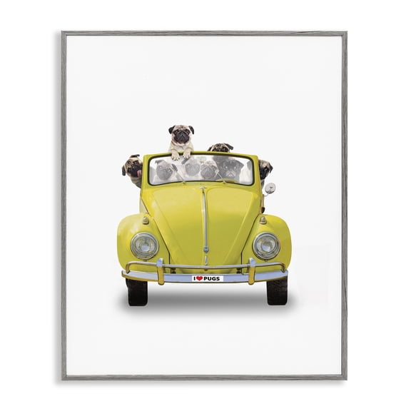 Stupell Industries Contemporary Yellow Antique Car Love Pugs Gray Framed Giclee Art, 11 x 14, by John Hovenstine