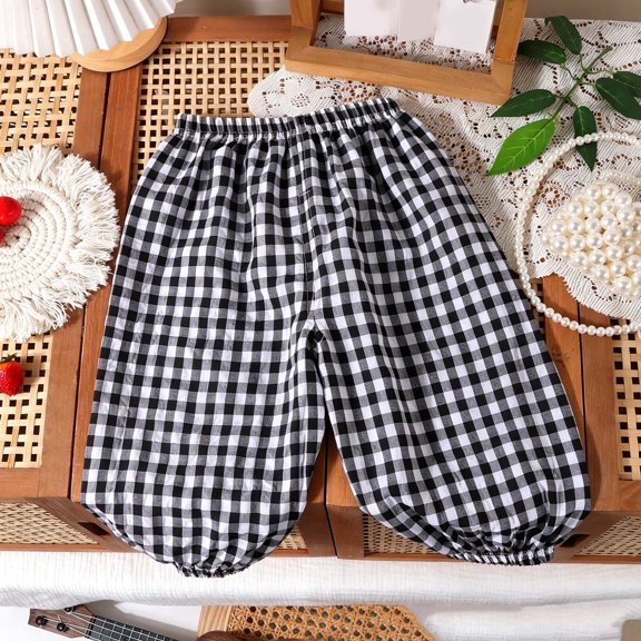Girls' Black Gingham Balloon Pants, Elastic Waist Wide Leg, Soft Breathable Polycotton, for Kids 1-7Y,Size 6-7 T