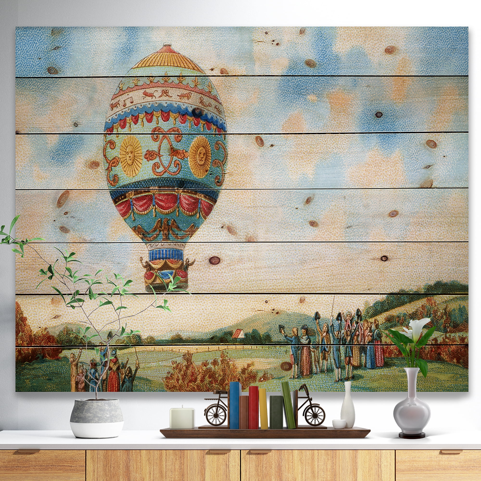 Designart 'Hot Air Balloon Illustration' Abstract Print on Natural Pine Wood