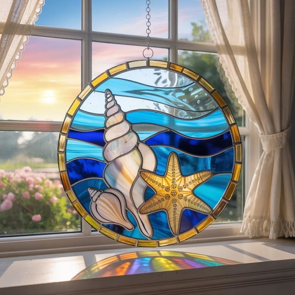 Seashell Starfish Acrylic Suncatcher, Ocean Window Hanging Decor, Beach Coastal Seashell Ornament, Nautical Window Art, Starfish Ornament
