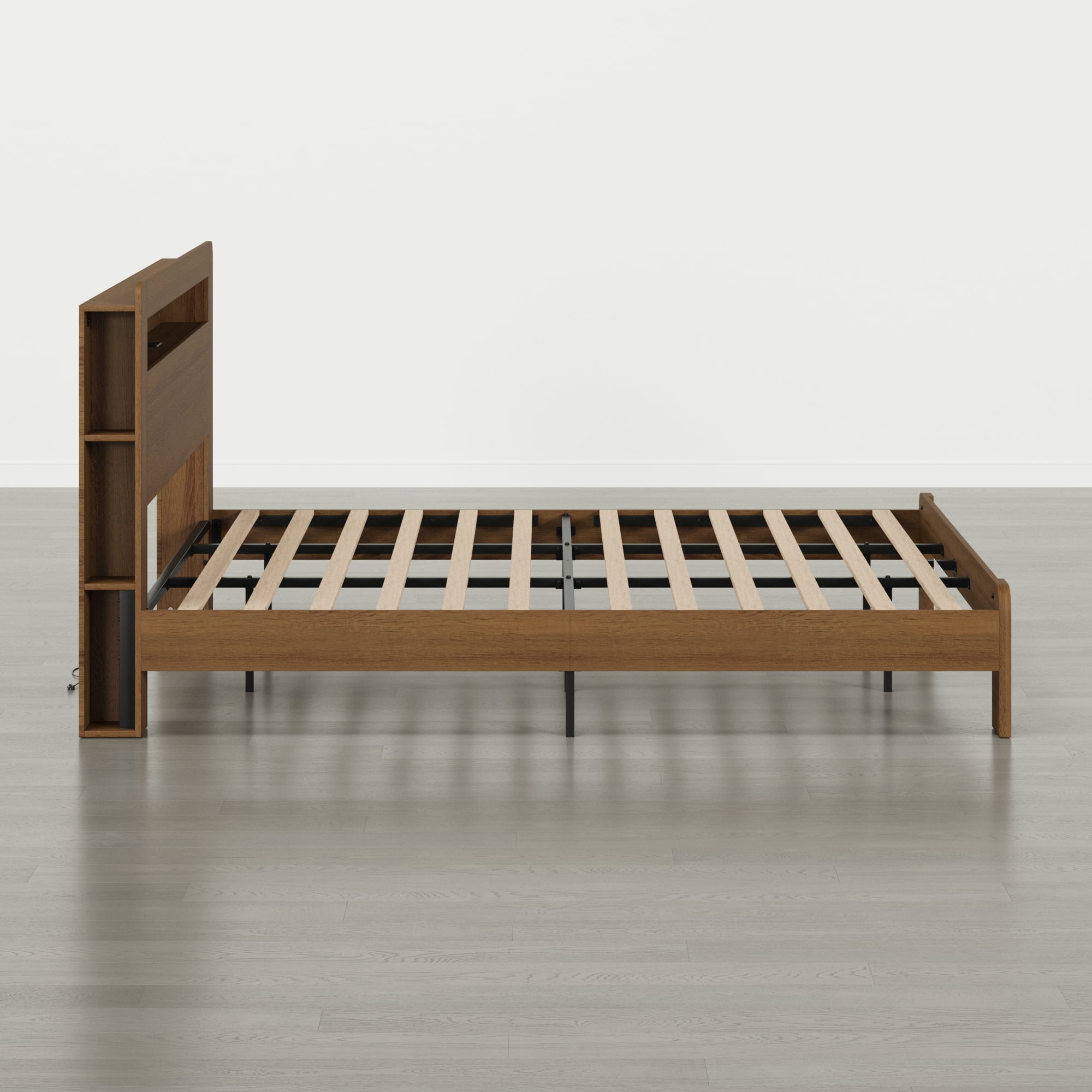 Spruce & Spring Modern Wood Queen Bed Frame with LED Lights, Storage Headboard & Charging Station, Noise-Free, No Box Spring Required, Easy Assembly, Walnut