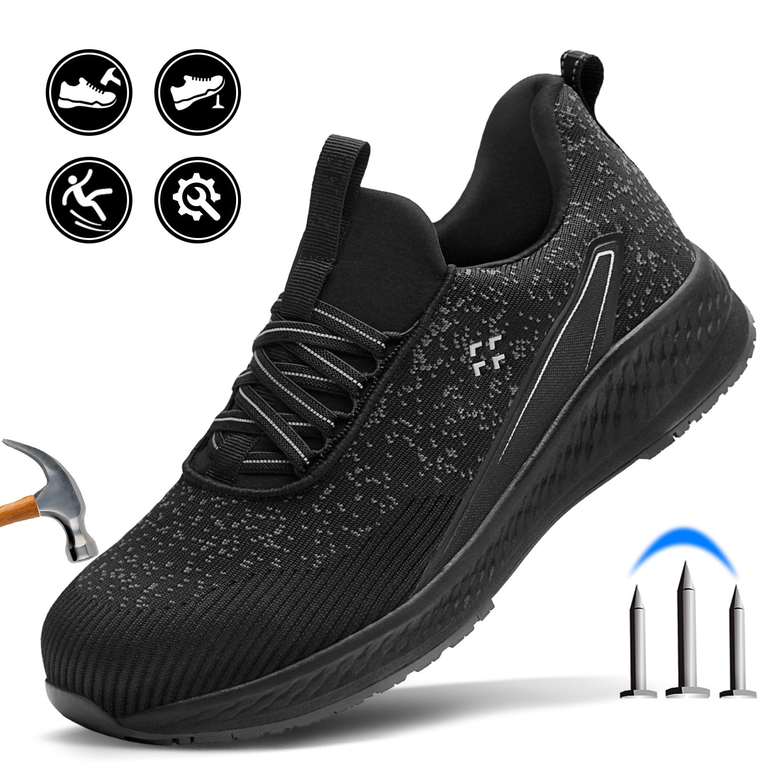 SPIEZ® Composite Toe Safety Shoes for Men Women, Slip Resistant Lightweight Work Sneakers, Breathable Slip-On Work Shoes for Warehouse, Factory & Delivery Work - Black,Size 7.5 Women/6 Men