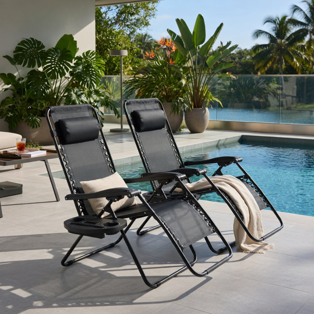 Hommoo Zero Gravity Folding Lounge Chair for Outdoor & Indoor Use – Adjustable Recliner with Removable Tray, Cup Holder & Headrest, Black