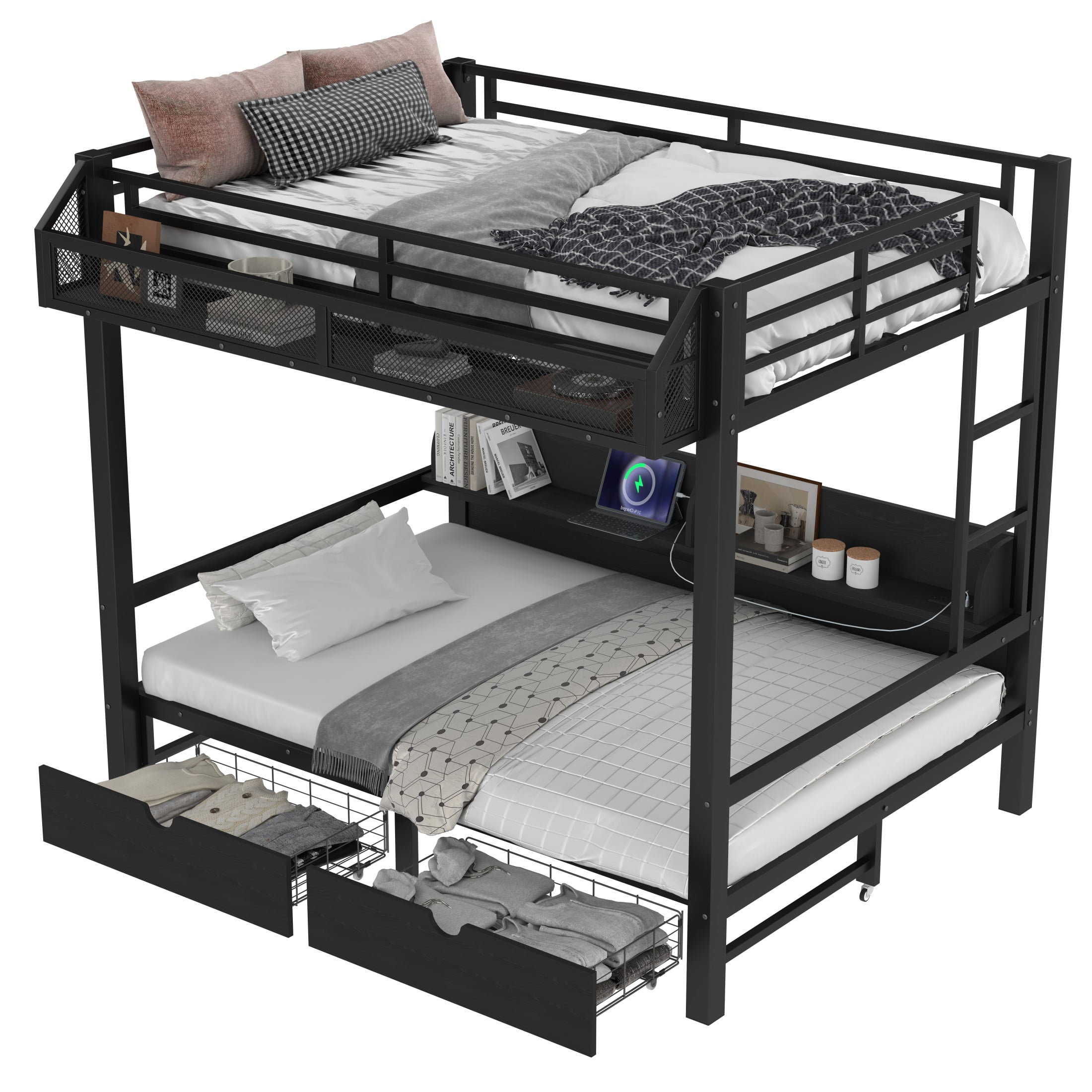 Aukfa Full over Full Metal Bunk Bed with Storage Drawers, Shelves, USB Ports & LED Lights, Convertible Bottom Sofa Bed, Heavy-Duty Bed Frame for Kids Teens Adults, Black