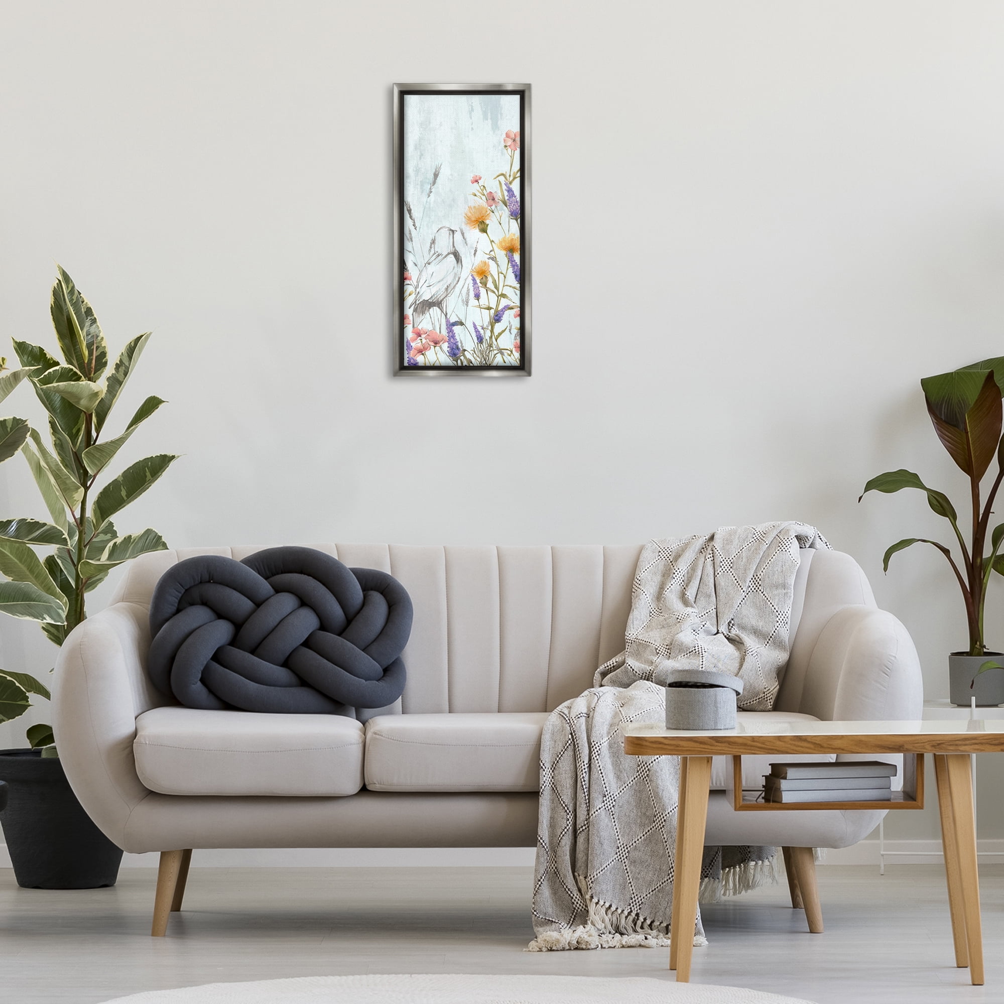 Stupell Industries Bird Outline with Wildflowers Plants & Flowers Painting Gray Floater Framed Canvas Art Print Wall Art, 11 x 25