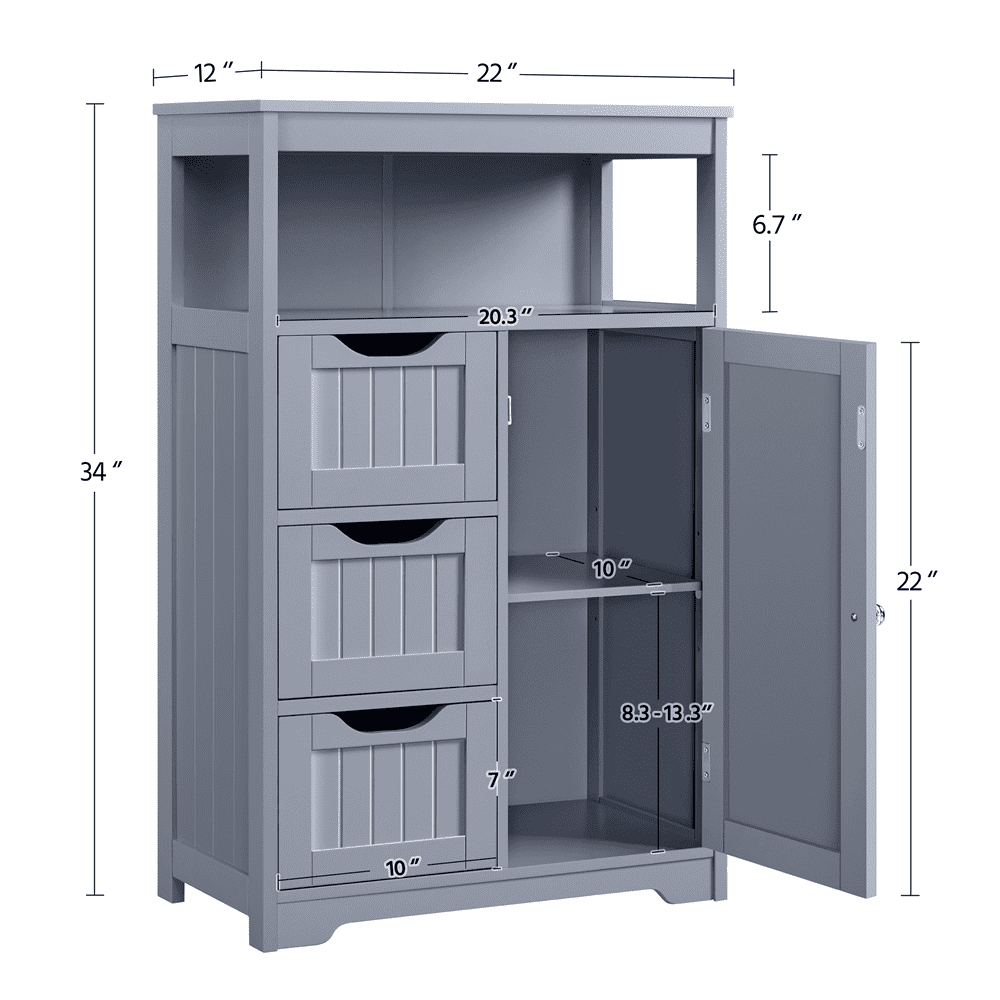 Fullfurnique Bathroom Floor Cabinet with 1 Door and 3 Drawers, Gray