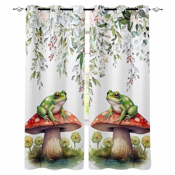 Mushroom Frogs Blackout Curtains 54 Inches Long for Bedroom, Spring Floral Summer Eucalyptus Leaves Thermal Insulated Room Darkening Black Out Window Curtain Panels Grommet Drapes for Living Room