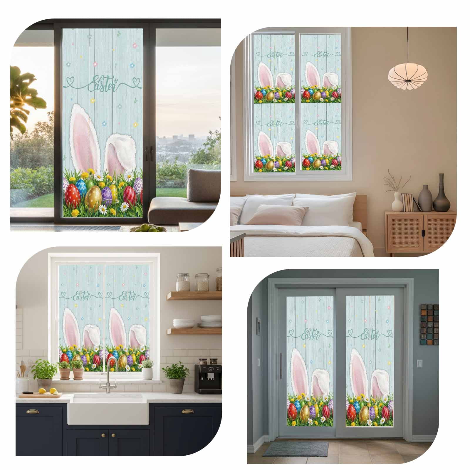 Easter Bunny Window Privacy Film, Watercolor Rabbit Colored Eggs Spring Country Leaf Wood Grain Frosted Glass Window Clings Static Cling UV Heat Blocking Reusable Sticker for Bedroom 23.6x59 Inch