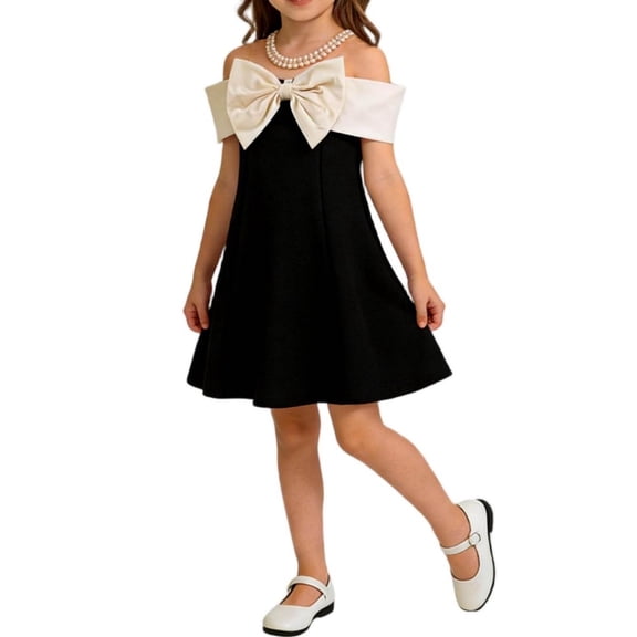 Girls Off Shoulder Dress with Bow - Black and White Party Dress for Kids, Fit & Flare Flower Girl Dress,Size 3-4 T
