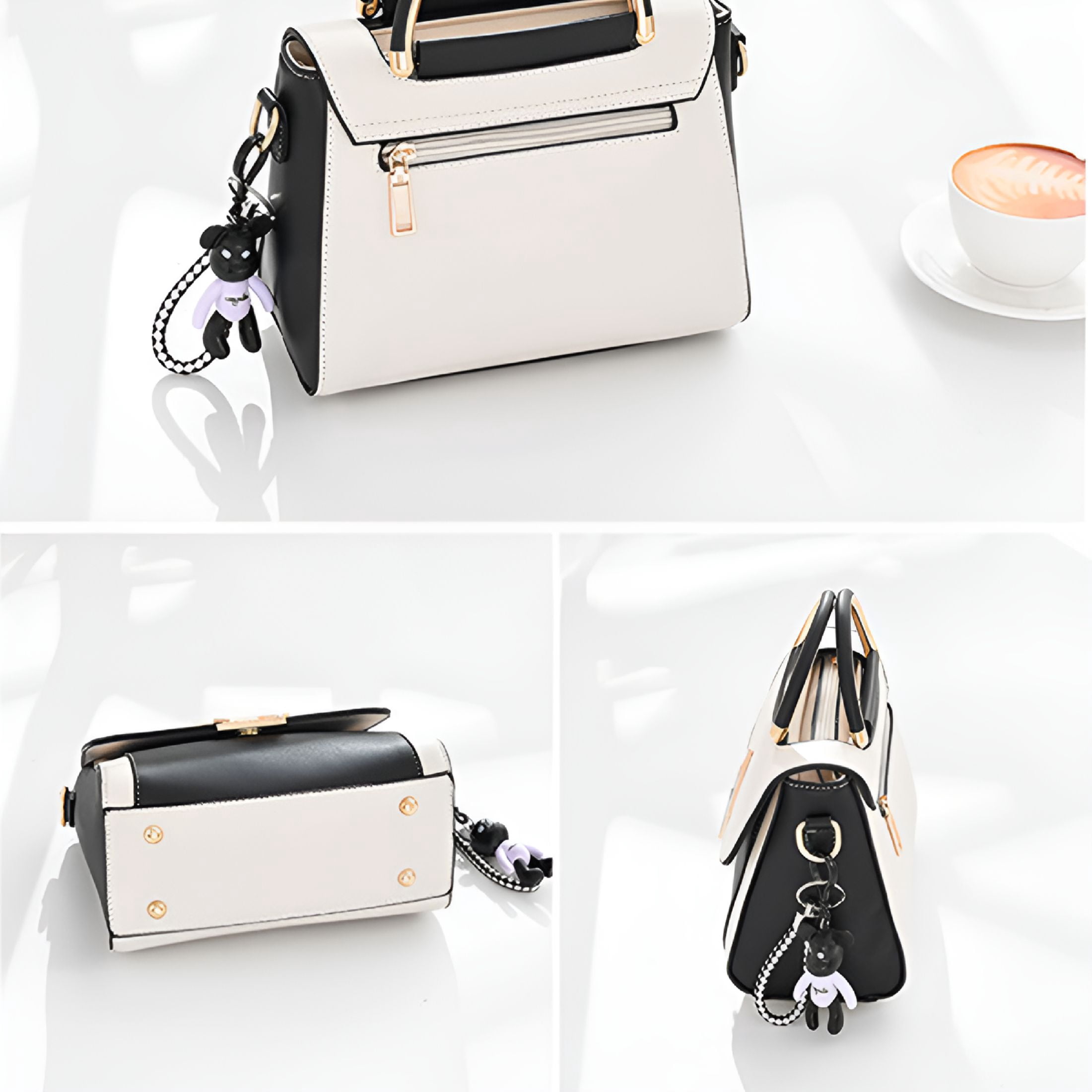 GASTROPOD Genuine Leather Handbags Tote Shoulder Bag for Women Satchel Designer Purse Top Handles Crossbody Bag, Tote Bag Purse, White with Black