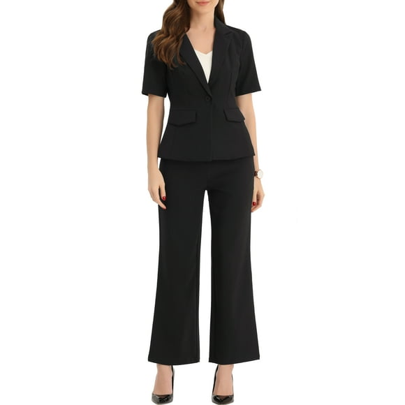 INSPIRE CHIC Women's Business Office Suit Set One Button Short Sleeve Blazer and Suit Pants S Black