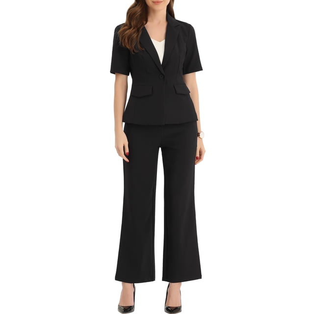 Conjunto de traje de oficina para mujeres INSPIRE CHIC, blazer de manga corta con un botón y pantalones de traje, color negro