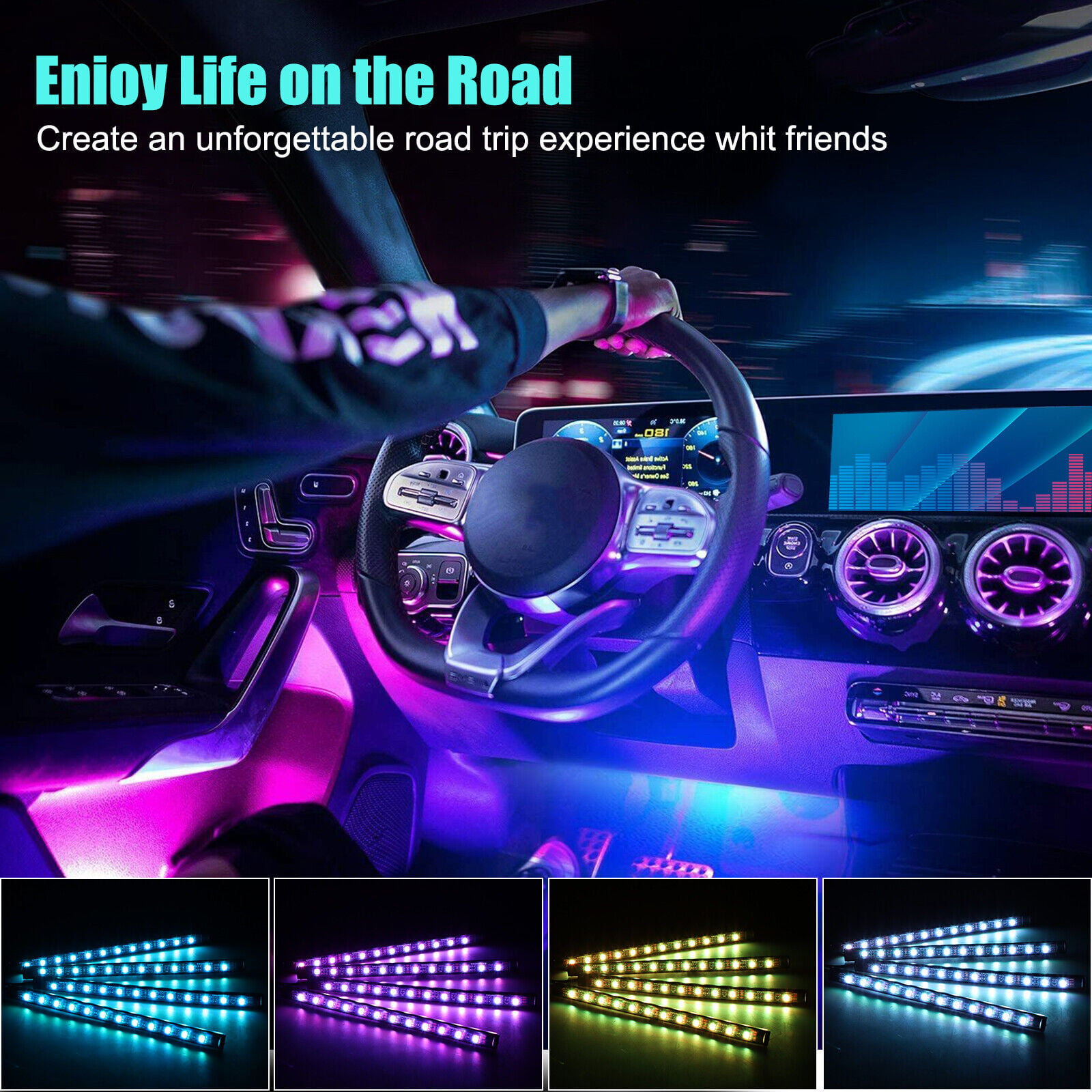 48 LED Car Interior Atmosphere Neon Lights Strip Music Control + IR Remote  4PCS 