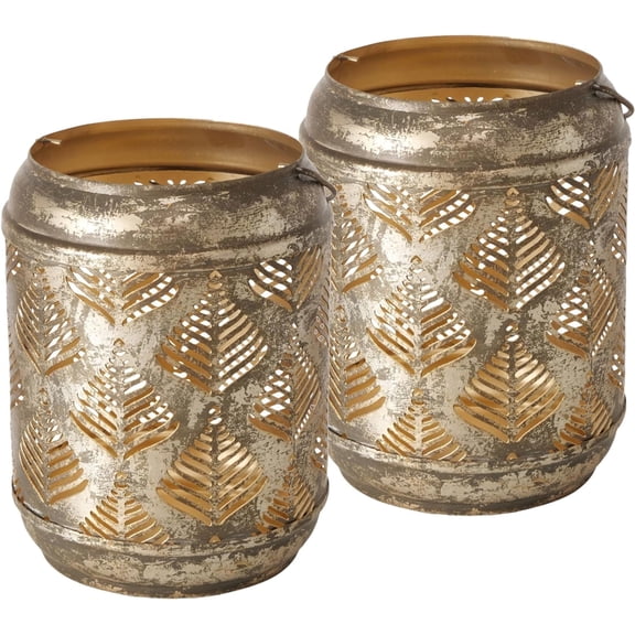 Leafy Metal Lattice Candle Lanterns, Set of 2, Antique Gold, Handcrafted, Iron, Distressed Finish, Gold Interior, Shabby Chic, 5.5 Inches