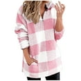thumbnail image 2 of gbyLJF Womens Plaid Fleece Hoodie Quarter Zip Turndown Collar Pullover Tops Casual Long Sleeve Pockets Sweatshirt, 2 of 5