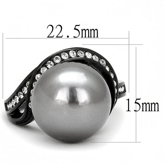 IP Black(Ion Plating) Stainless Steel Ring with Synthetic Pearl in Gray for Women Gray Stone Color Style TK3052 Size 10