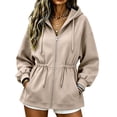 thumbnail image 2 of Mifsaly Oversized Zip Up Hoodie Women Cinched Waist Hooded Sweatshirt Lightweight Casual Long Sleeve Athletic Jacket with Drawstring and Pockets Khaki,L, 2 of 7