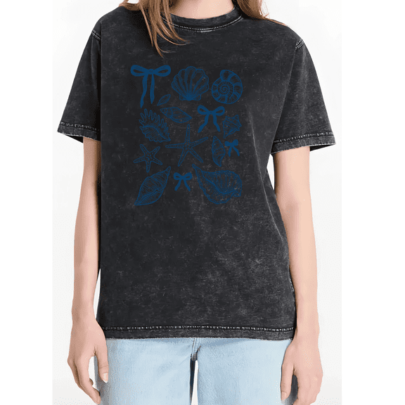 Mineral Wash Black Coquette Seashell Starfish Bow Beach Ocean Nautical Print Tshirt Graphic Tees Shirts Tops S-5XL