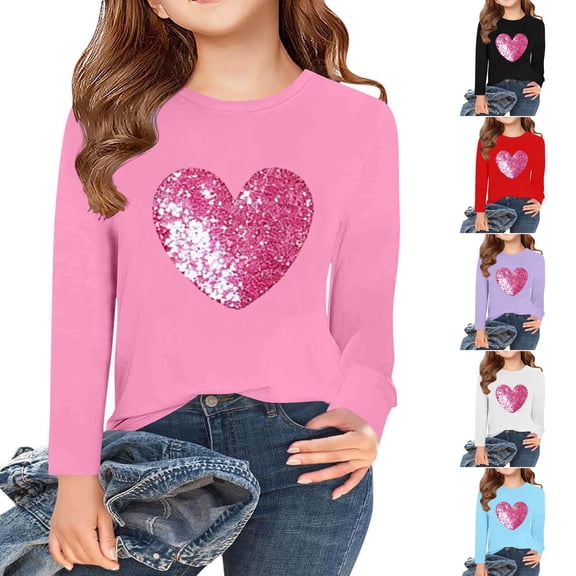 Miluxas Girls Love Heart T-Shirts Casual Long Sleeve Valentine's Day Graphic Tees Tops White 14-15Years