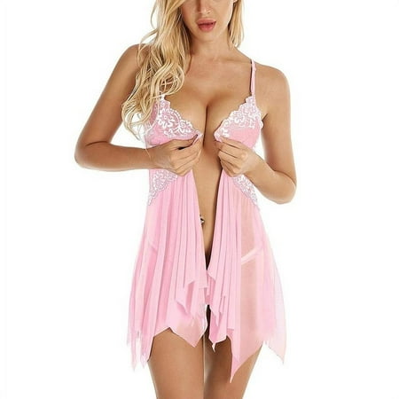 

Women Sexy Front Closure Babydoll Lace V Neck Mesh Sleepwear